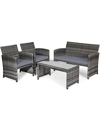 Gouun 4 Pieces Patio Rattan Furniture Set with Glass Table and Loveseat
