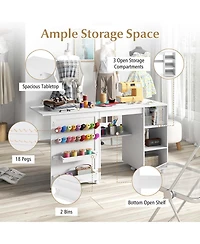 Folding Sewing Table with Storage Shelves 2 Storage Bins & 18 Pegs Lockable Casters