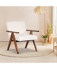 Gouun Modern Accent Chair Linen Fabric Armchair with Solid Acacia Wood Frame
