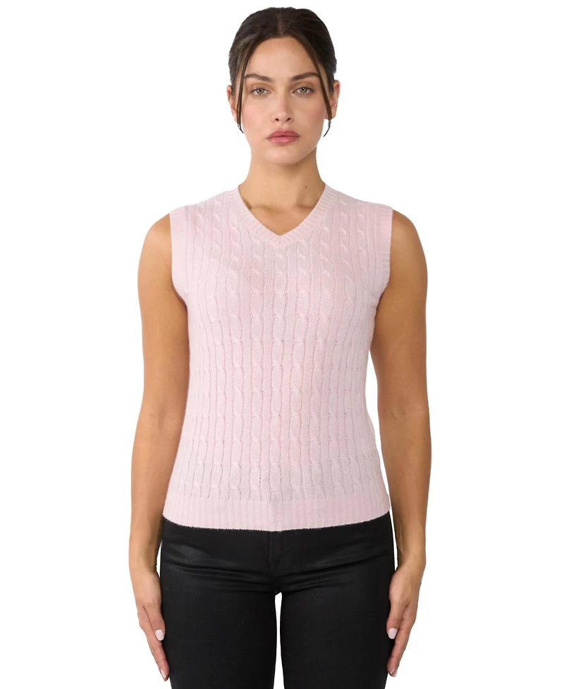 Jennie Liu Women's 100% Cashmere V Neck Cable-knit Sweater Vest