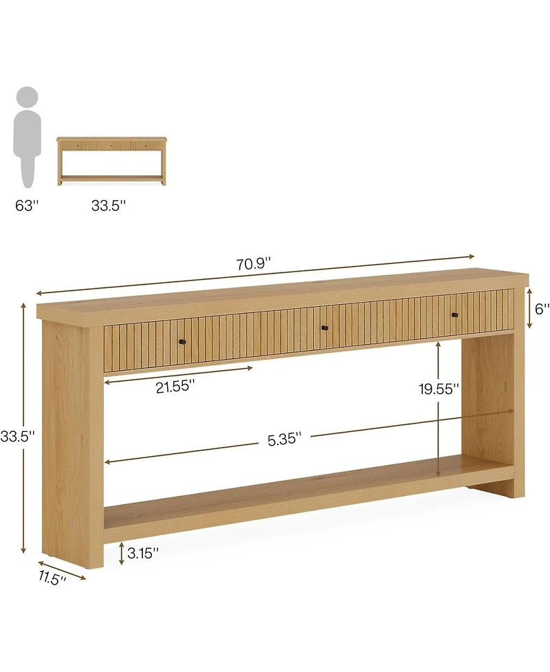Tribesigns Wood Console Table Long Sofa Table with 3 Drawers, 70.9 inch Entryway Table Oak Hallway Table with Open Storage Shelves Wooden Couch Table