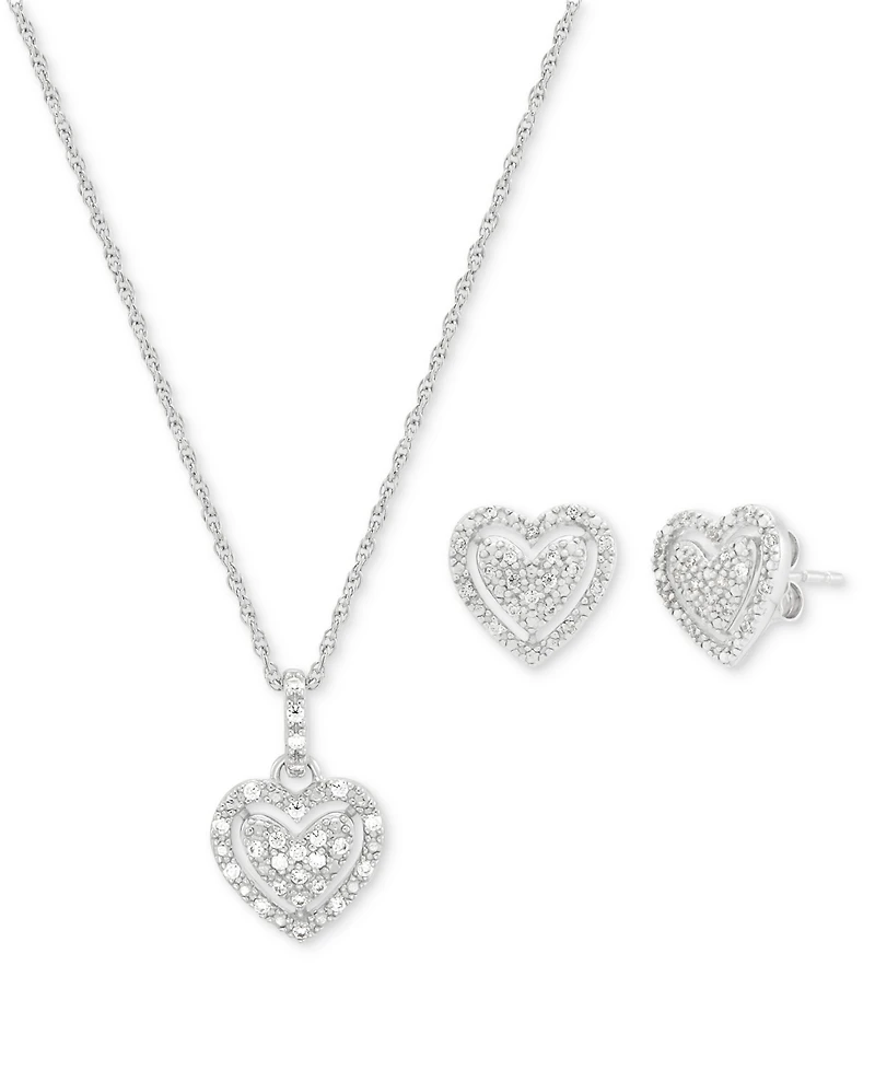 2-Pc. Set Diamond Heart Pendant Necklace & Matching Stud Earrings (1/4 ct. t.w.) in Sterling Silver