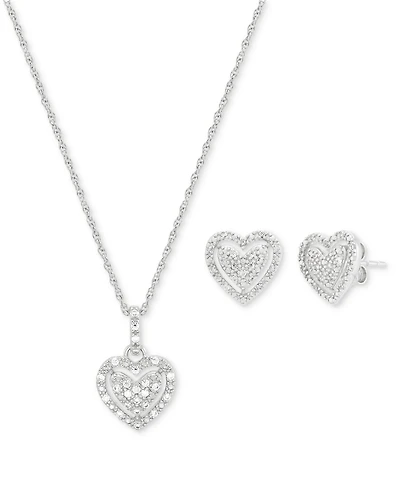 2-Pc. Set Diamond Heart Pendant Necklace & Matching Stud Earrings (1/4 ct. t.w.) in Sterling Silver