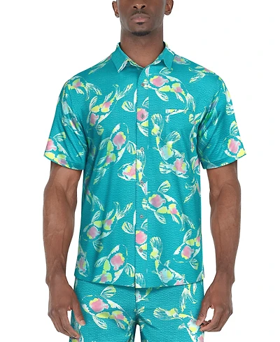 Pga Tour Men's Watercolor Koi Fish Printed Seersucker Shirt