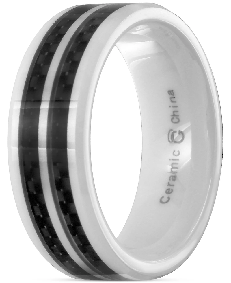 Men's White Ceramic & Double-Row Black Carbon Fiber Inlay Band