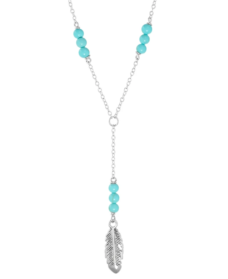 Simulated Turquoise Feather Lariat Necklace in Sterling Silver, 16" + 2" extender
