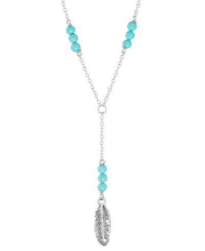 Simulated Turquoise Feather Lariat Necklace in Sterling Silver, 16" + 2" extender