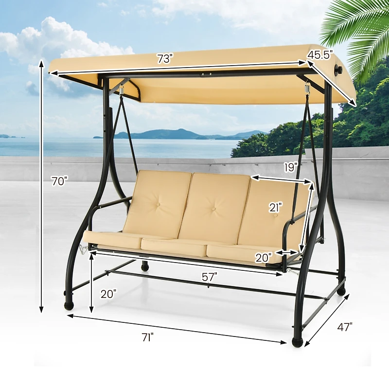 Converting Outdoor Swing Canopy Hammock 3 Seats Patio Deck Furniture beige