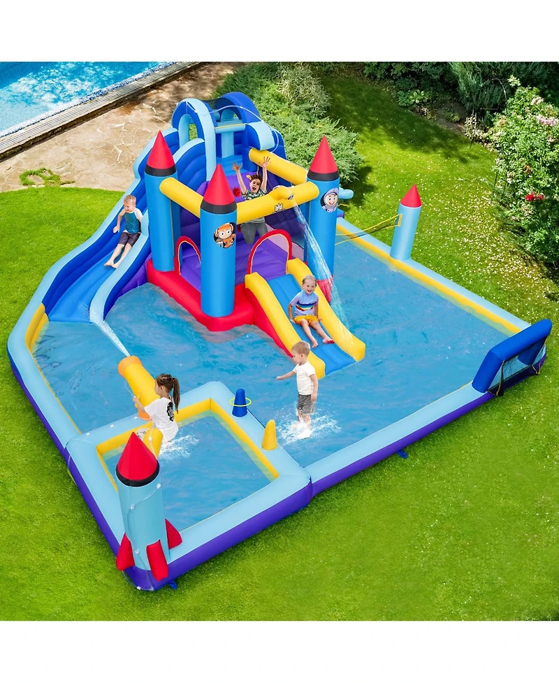 Costway Rocket Theme Inflatable Water Slide Park with 2 Slides Splash Pool & 1100W Blower