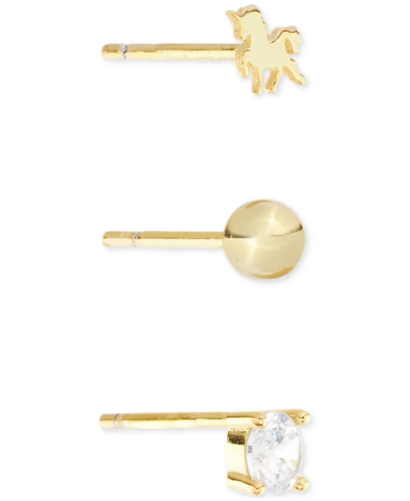 Cubic Zirconia, Bead & Horse 3-Pc. Set Stud Earrings (7/8 ct. t.w.) 14k Gold Over Sterling Silver (also Silver)
