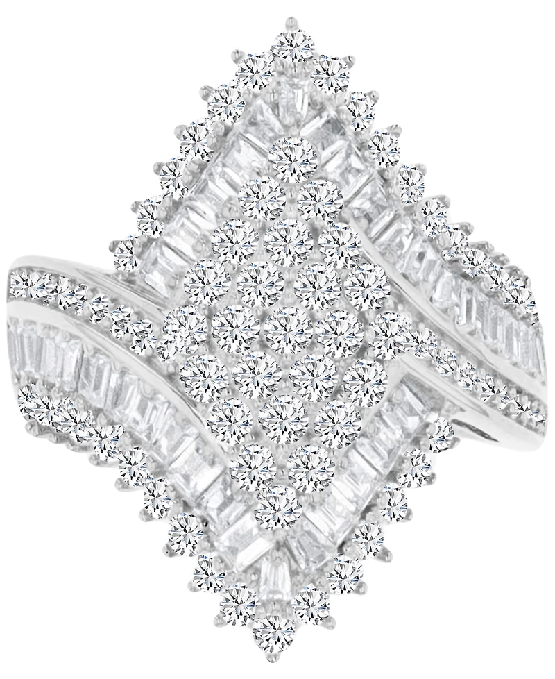 Cubic Zirconia Round & Baguette Cluster Statement Ring Sterling Silver