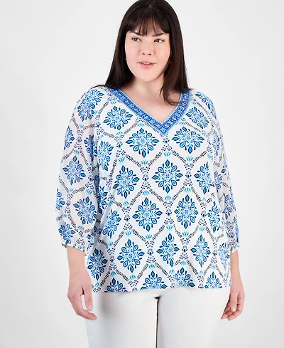 Jm Collection Plus Embellished V-Neck 3/4-Sleeve Top, Exclusively at Macy's