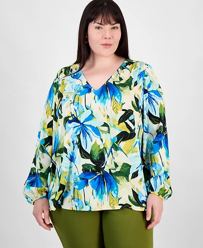 Jm Collection Plus Printed Long-Sleeve Top, Exclusively at Macy's