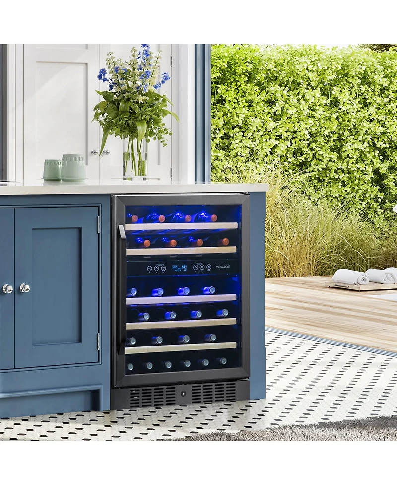 Newair 24-inch 46 Bottle Wine Cooler Refrigerator, Built-in Dual Zone Wine Fridge in Black Stainless Steel, Quiet Operation with Beechwood Shelves