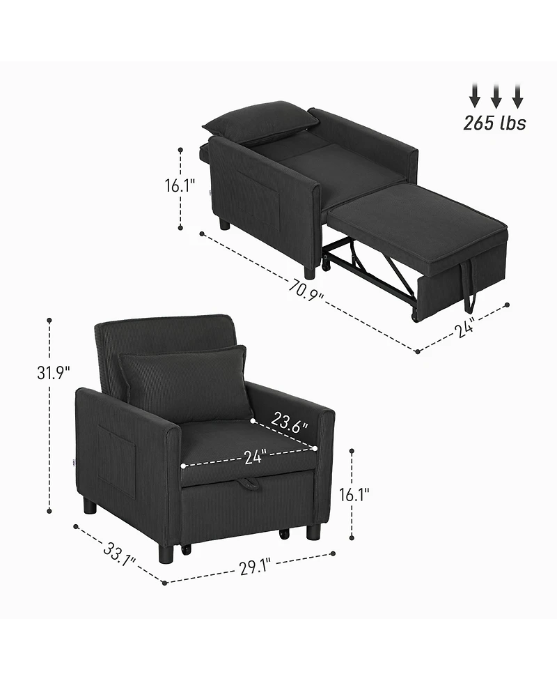 Homcom 3-in-1 Convertible Chair Bed, Adjustable Sleeper Chair,