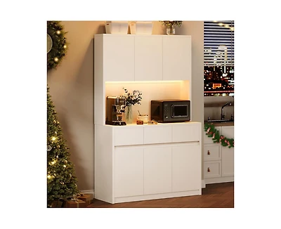 gaomon 71" Tall Kitchen Pantry Cabinet, Kitchen Hutch Storage Cabinet with Led Lights and Power Outlets, Food Pantry Cabinet with Microwave Stand