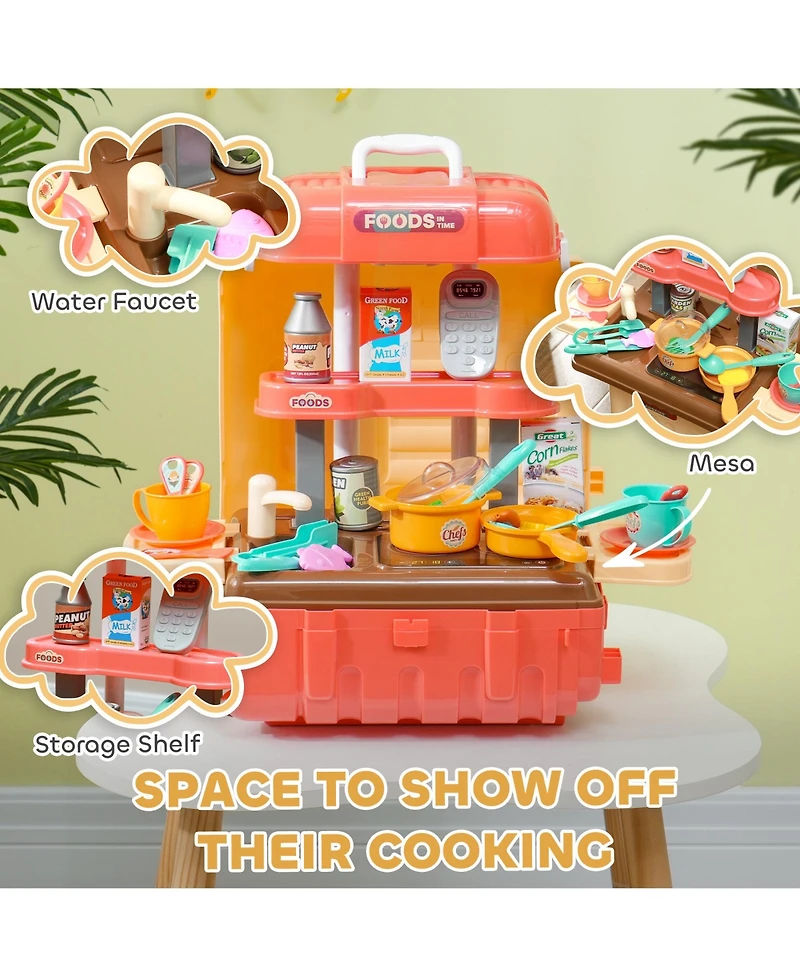 Qaba 3 in 1 Play Kitchen Set, Foldable Pretend Play Toys for 3-6 Years Old