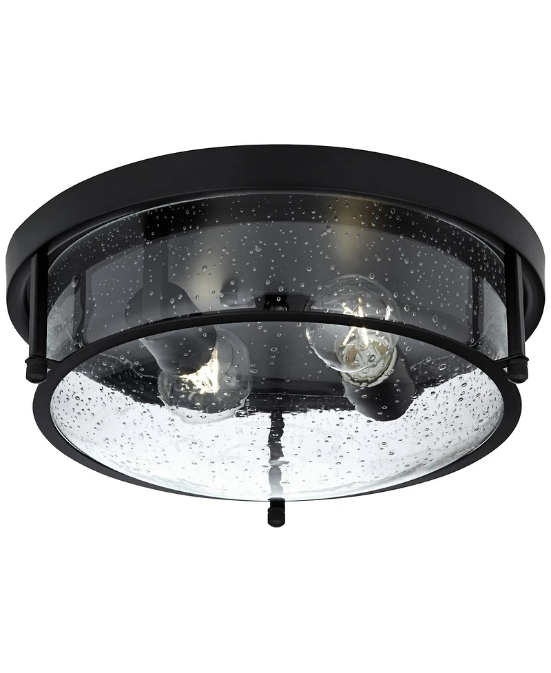 Franklin Iron Works Midnight 13" Modern Flush-Mount Ceiling Light Fixture Kitchen Foyer Hallway Round 2-Light Black Seeded Glass