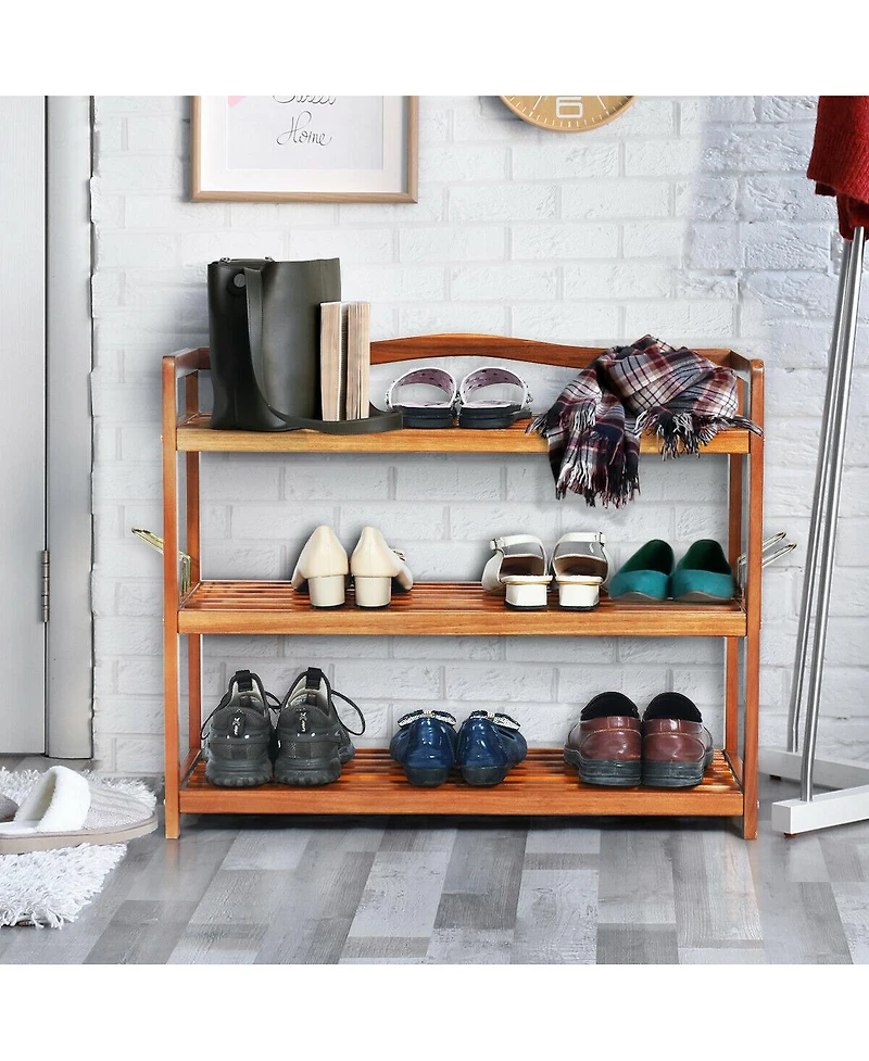 Gouun 3-Tier Acacia Wood Shoe Rack with Side Metal Hooks