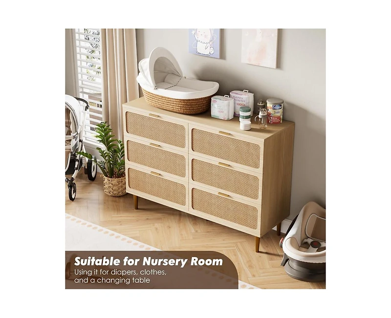 Rattan 6 Drawer Dresser for Bedroom with Wide Top, Large Double Dresser for Closet with Deep Drawers, Wooden Chest of Drawer for Living Room