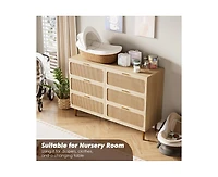 Rattan 6 Drawer Dresser for Bedroom with Wide Top, Large Double Dresser for Closet with Deep Drawers, Wooden Chest of Drawer for Living Room