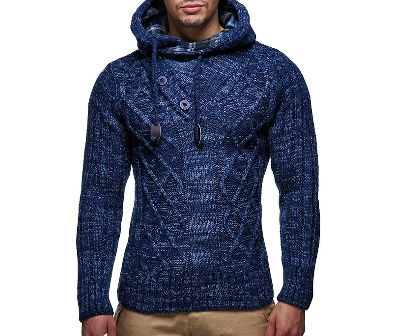 Leif Nelson Men's Knitted Hooded Sweater - Stylish Cable Knit Pullover with Button Detail, Warm and Comfortable for Fall & Winter