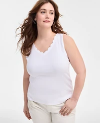 Style & Co Plus Solid-Color Scalloped V-Neck Tank Top, Exclusively at Macy's