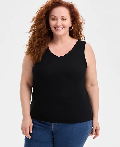 Style & Co Plus Solid-Color Scalloped V-Neck Tank Top, Exclusively at Macy's