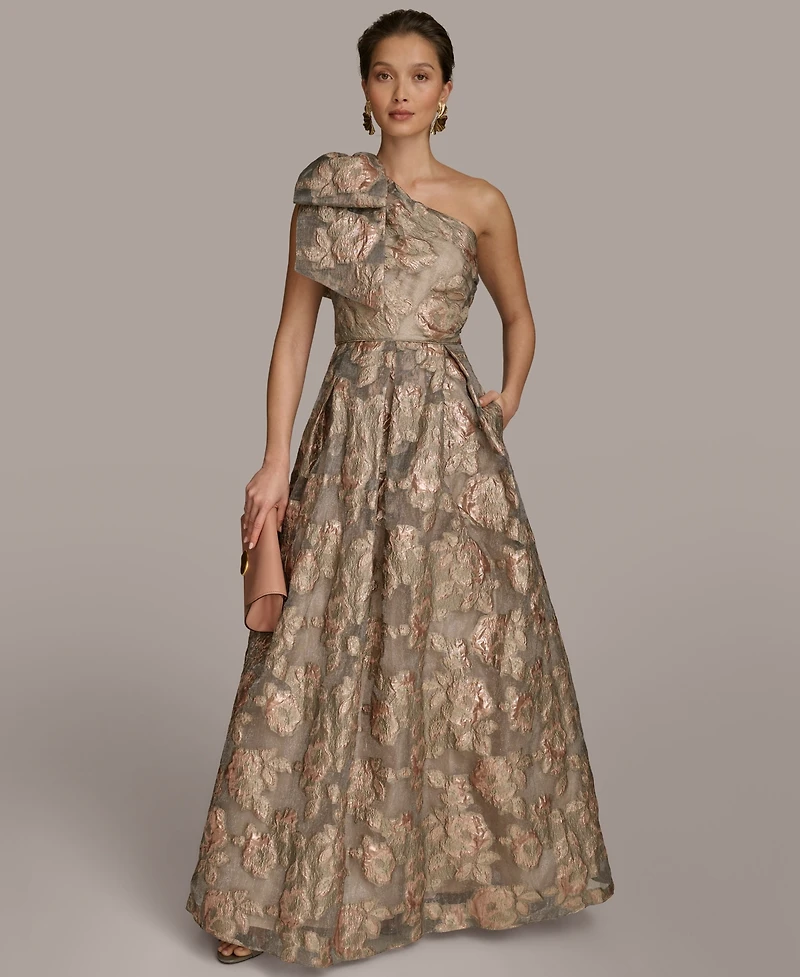 Donna Karan New York Women's Metallic Jacquard One-shoulder Bow Floral Ball Gown