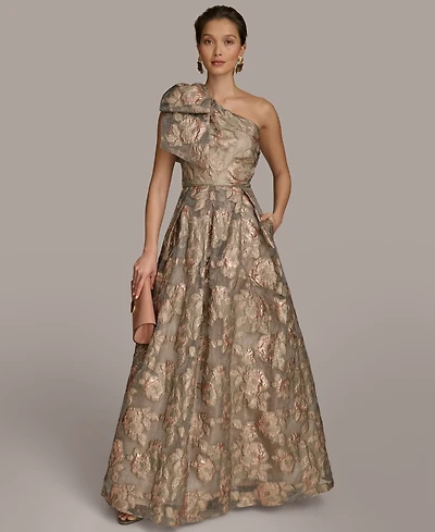 Donna Karan New York Women's Metallic Jacquard One-shoulder Bow Floral Ball Gown