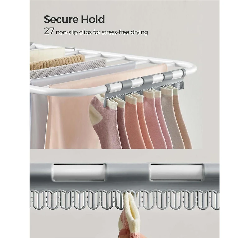 Metal Laundry Drying Rack with Adjustable Gullwings and Sock Clips, Space-Saving Design