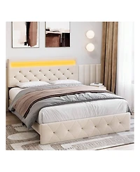 gaomon Full/Queen Size Bed Frame With Led Lights Headboard, Led Bed Frame With Fast-Charging Usb Port, Upholstered Platform Bed Frame, No Box Spring N