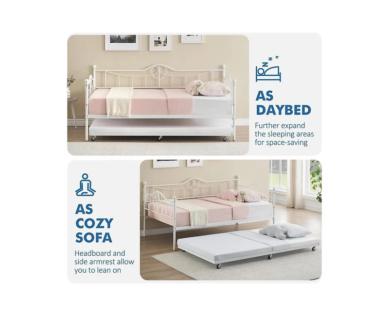 Twin Daybed with Trundle, Modern Pull Out Day Bed Frame with Vintage Headboard, Metal Daybed with Sturdy Slat Support, for Small Spaces, Kids Room, Li