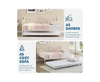 Twin Daybed with Trundle, Modern Pull Out Day Bed Frame with Vintage Headboard, Metal Daybed with Sturdy Slat Support, for Small Spaces, Kids Room, Li