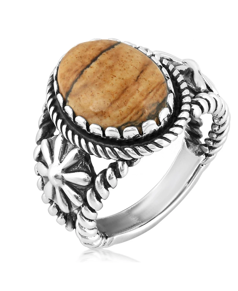 American West Jewelry Sterling Silver Picture Jasper Concha Flower Design Ring, Sizes 5 to 10