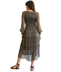 Paneros Clothing Women's Stella Smocked Midi Dress in Navy and Olive Ikat Print