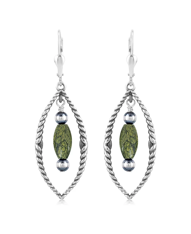 American West Jewelry Sterling Silver Marquise Green Serpentine Dangle Earrings