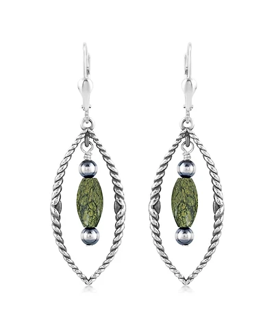 American West Jewelry Sterling Silver Marquise Green Serpentine Dangle Earrings