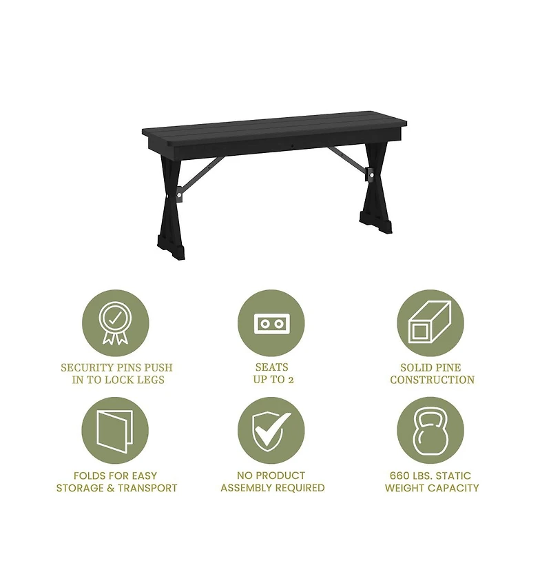 Merrick Lane Tinsley 40" X 12" Solid Pine Folding Farmhouse Style Bench, Rustic Pinewood Folding Dining Bench With Locking X-Legs