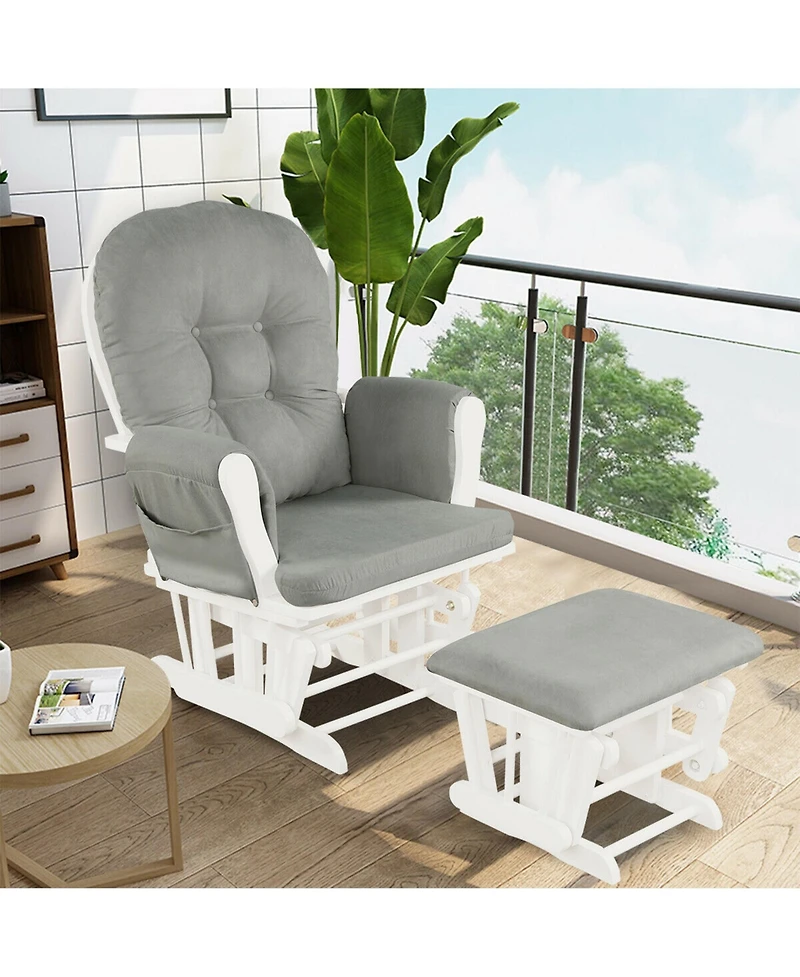 Gymax Glider and Ottoman Cushion Set Wood Baby Nursery Rocking Chair