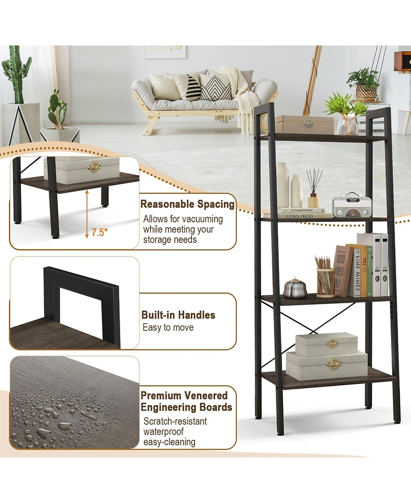 Gouun 4-Tier Bookshelf with Metal Frame and Adjustable Foot Pads