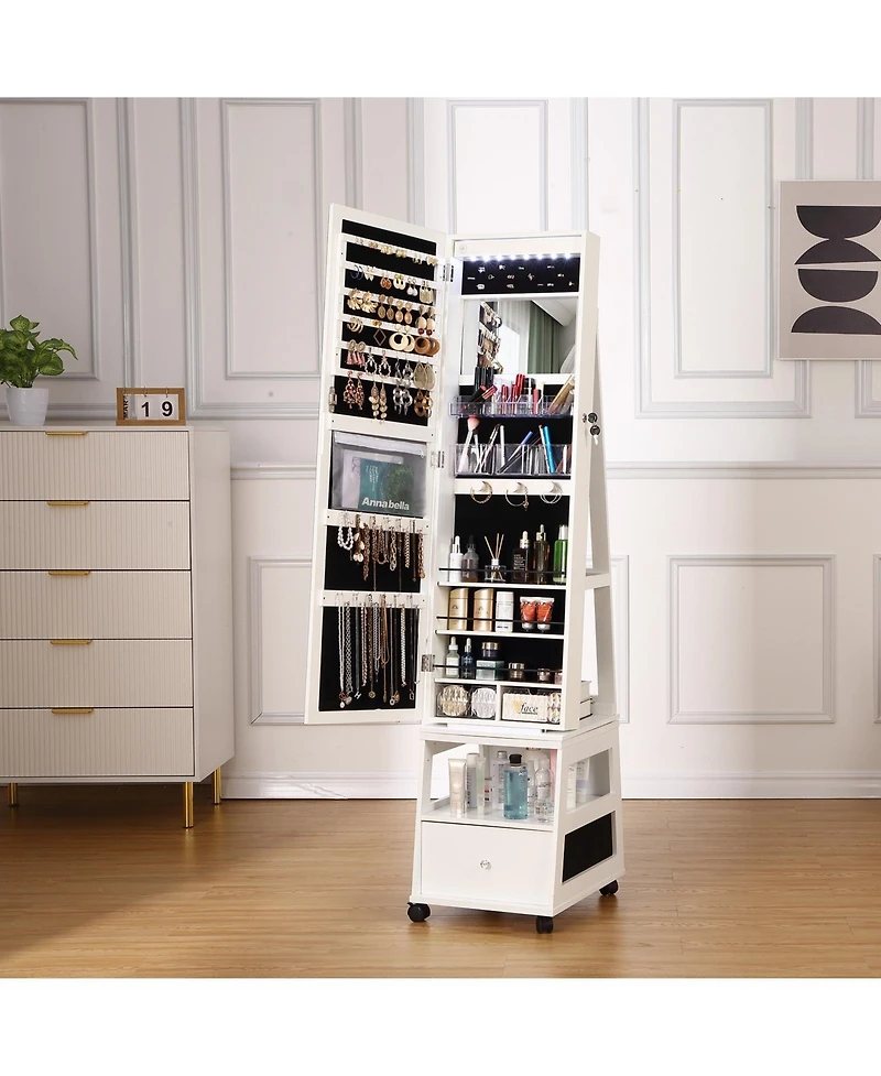 gaomon 360° Swivel Jewelry Armoire with Full Length Mirror, Led Vanity Mirror with Jewelry Storage Drawer, Shelf, Wheels, Freestanding Lockable J