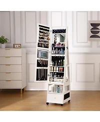 gaomon 360° Swivel Jewelry Armoire with Full Length Mirror, Led Vanity Mirror with Jewelry Storage Drawer, Shelf, Wheels, Freestanding Lockable J