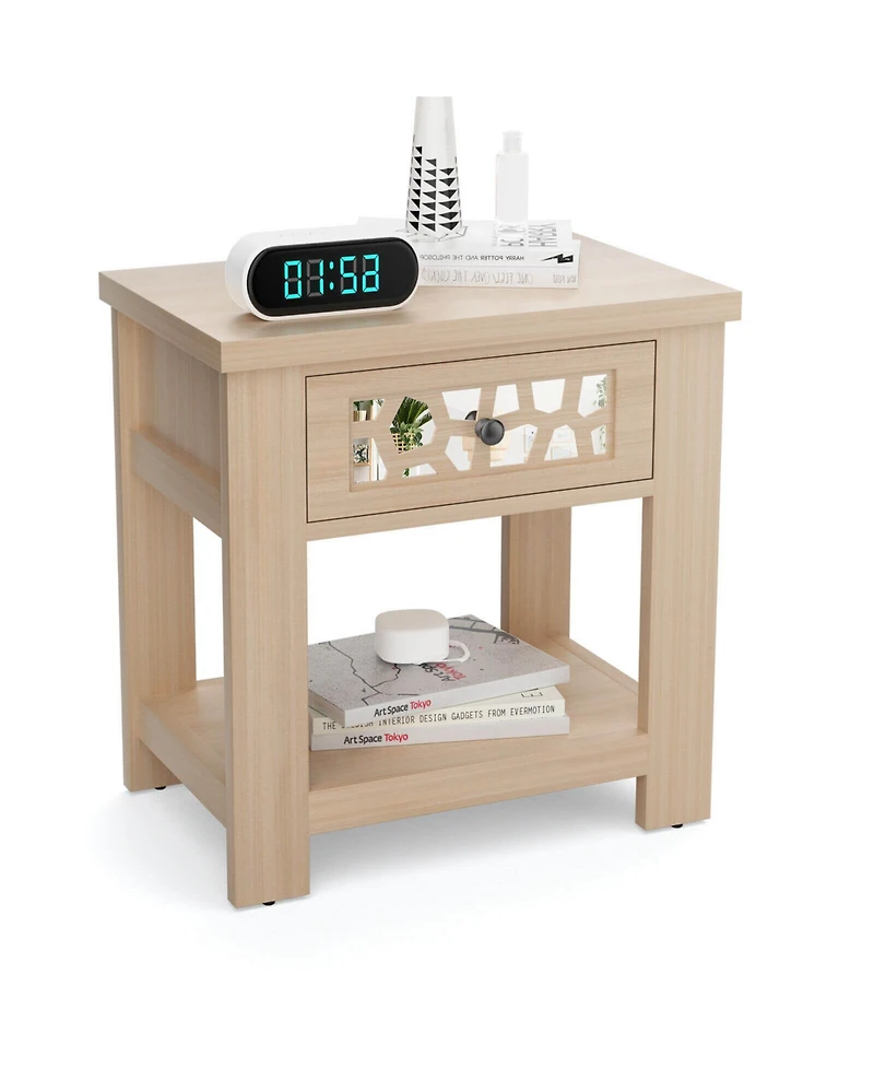 Gouun Wood Retro End Table with Mirrored Glass Drawer and Open Storage Shelf