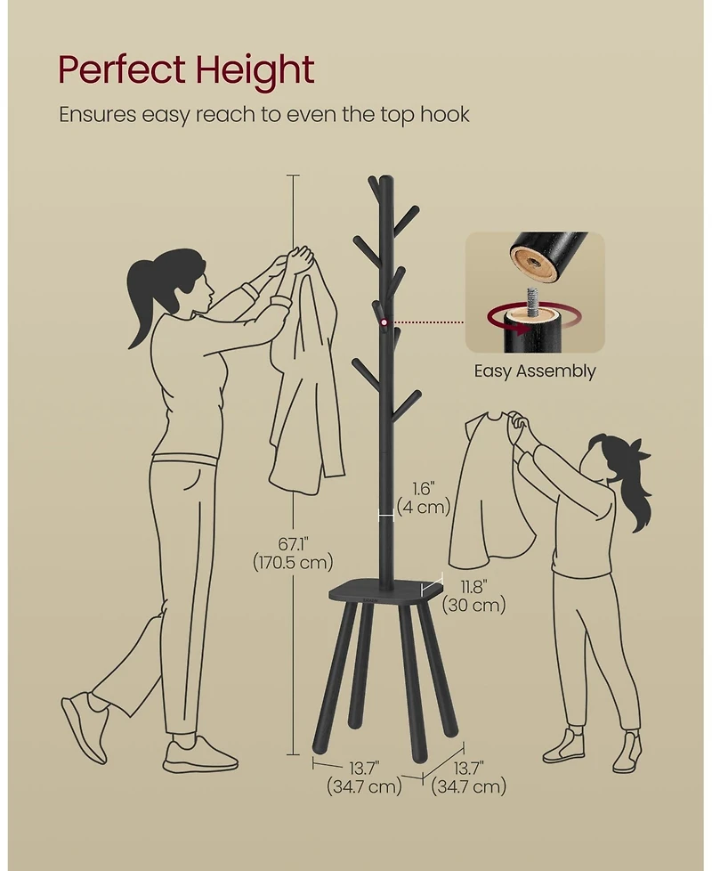 Freestanding Coat Tree with 8 Hooks and Storage Shelf for Entryway or Hallway