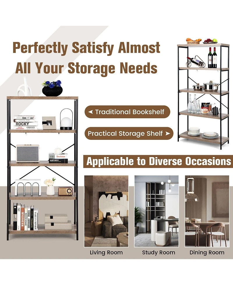 Gouun 5-Tier Industrial Bookshelf Display Storage Rack with Metal Frame