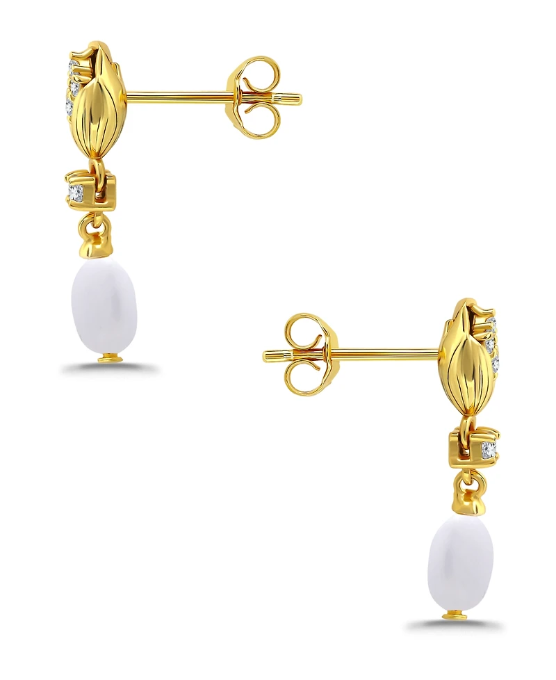 Macy Oval Freshwater Cultured Pearl Drop Cubic Zirconia Tulip Design Post Earrings