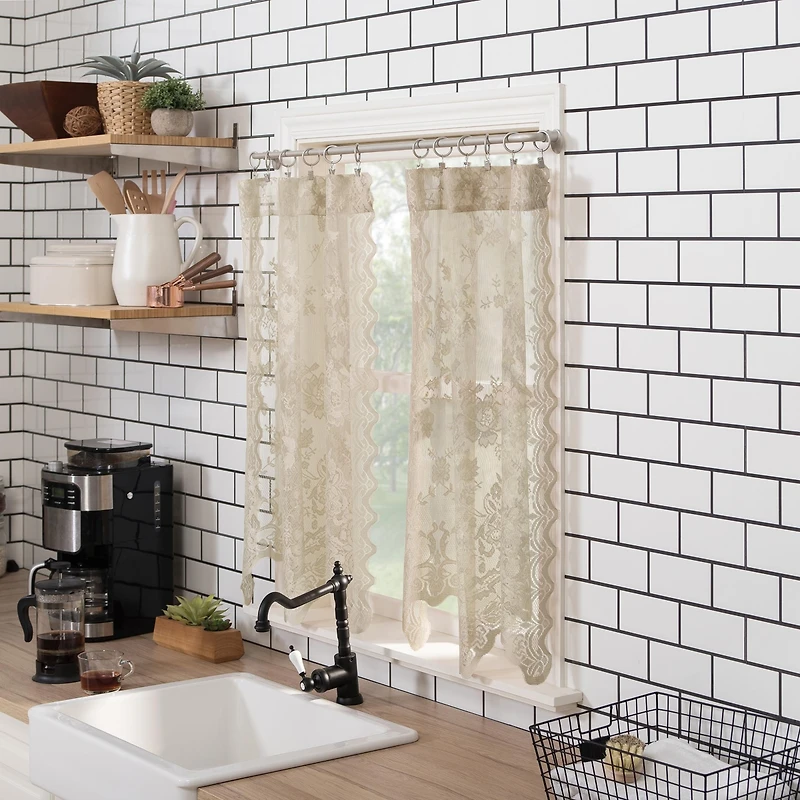 Alison Floral Lace Sheer Rod Pocket Kitchen Curtain Tier Pair