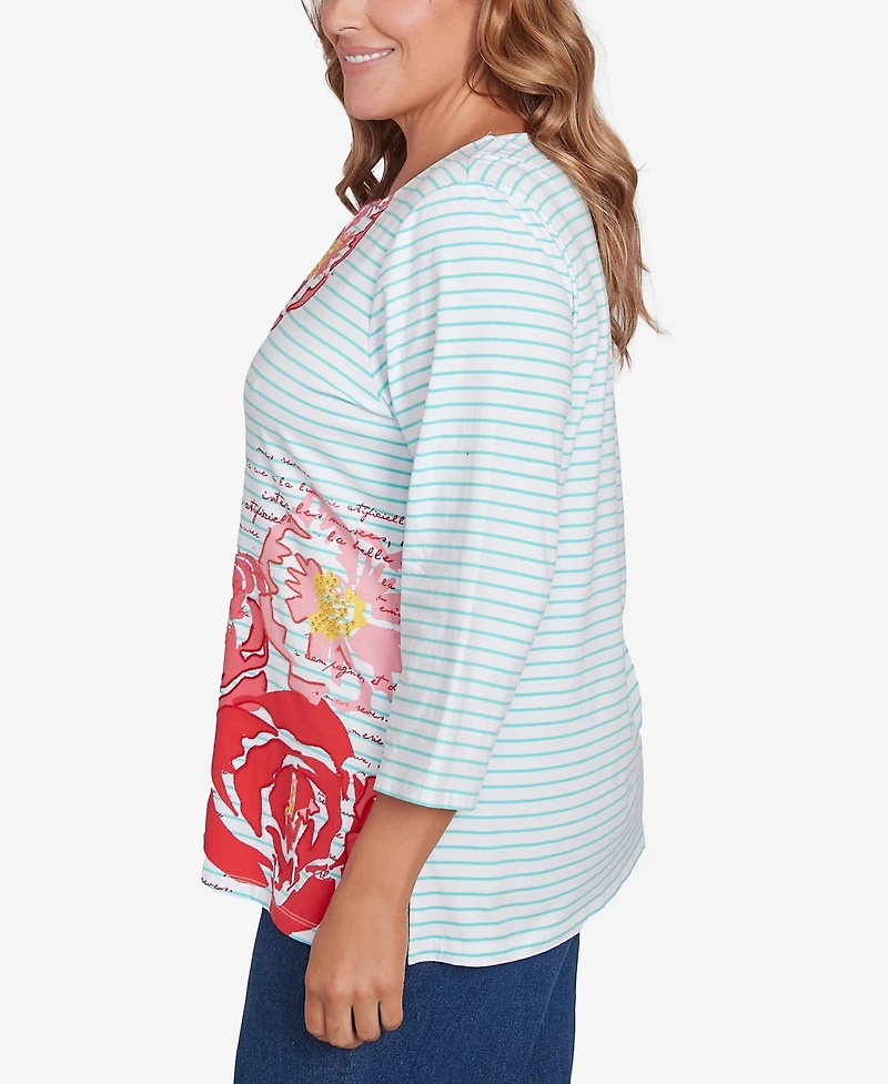 Ruby Rd. Plus Size Floral Embroidered Script Stripe Top
