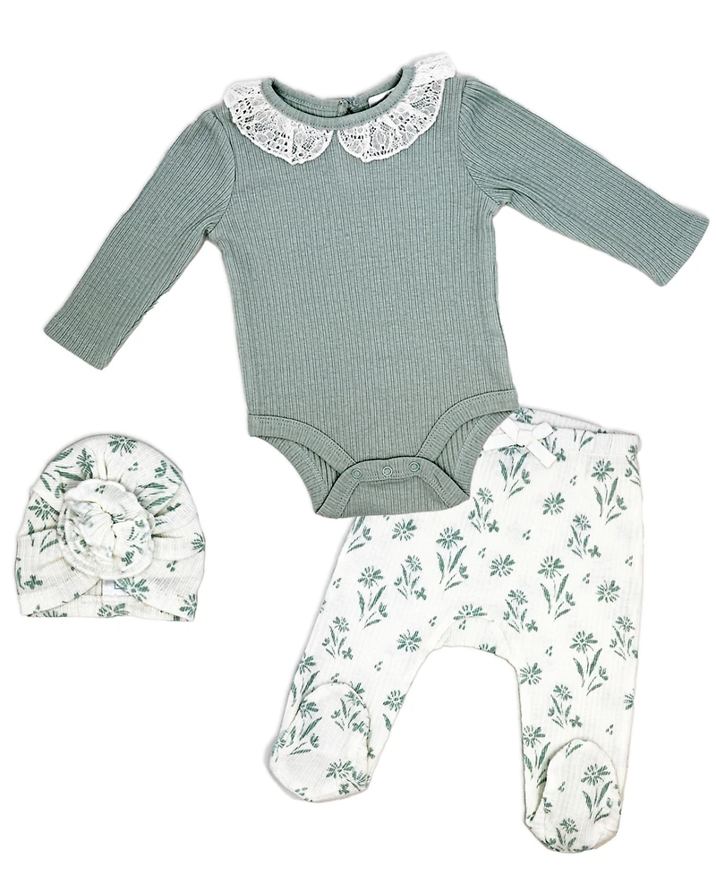 Baby Mode Baby Girls Floral Take Me Home Footed Layette, 3-Piece Set